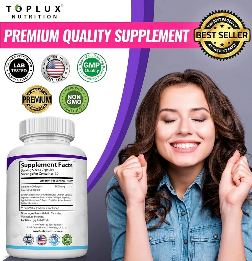 Colágeno Hidrolizado 1800 mg – Péptidos de Colágeno Tipo I, II, III, V y X para Articulaciones, Piel, Cabello y Uñas (90 Cápsulas)