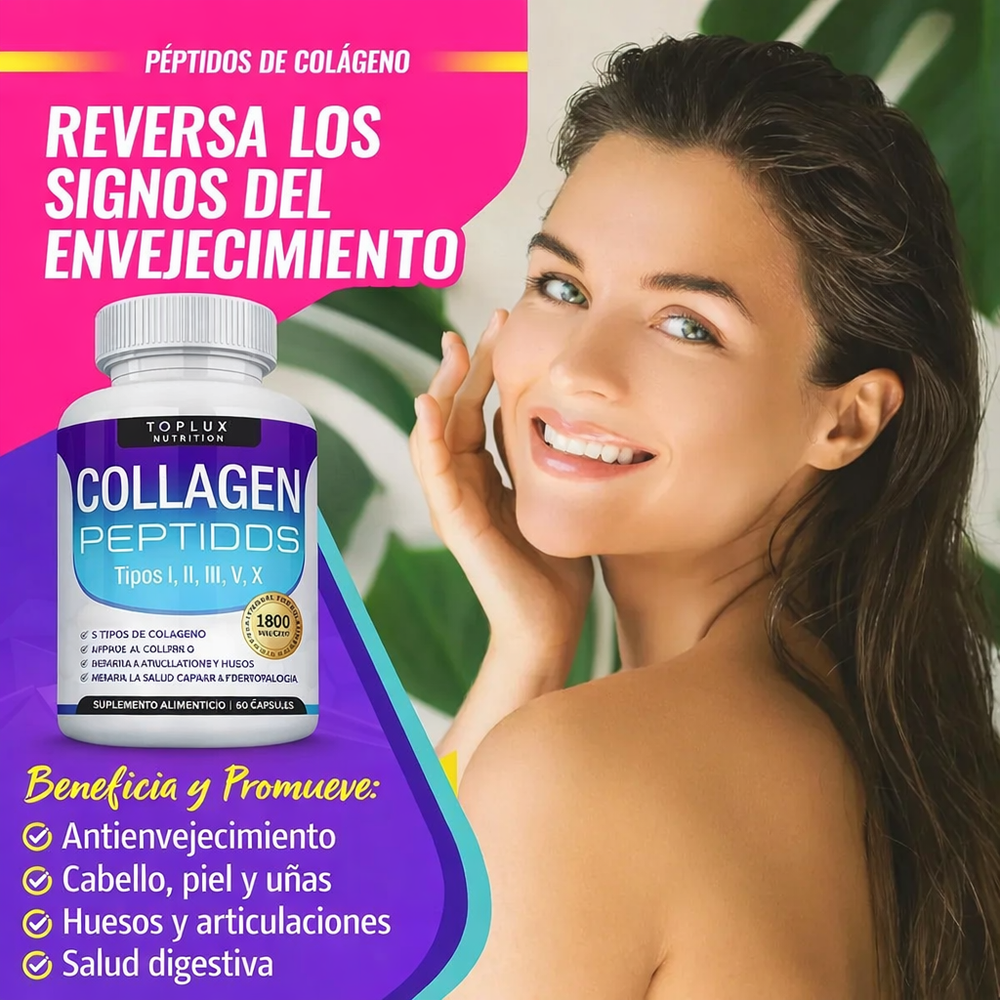 Colágeno Hidrolizado 1800 mg – Péptidos de Colágeno Tipo I, II, III, V y X para Articulaciones, Piel, Cabello y Uñas (90 Cápsulas)