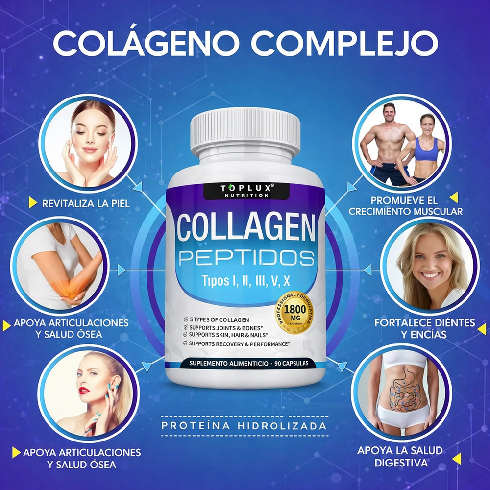 Colágeno Hidrolizado 1800 mg – Péptidos de Colágeno Tipo I, II, III, V y X para Articulaciones, Piel, Cabello y Uñas (90 Cápsulas)