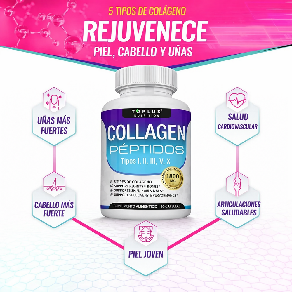 Colágeno Hidrolizado 1800 mg – Péptidos de Colágeno Tipo I, II, III, V y X para Articulaciones, Piel, Cabello y Uñas (90 Cápsulas)