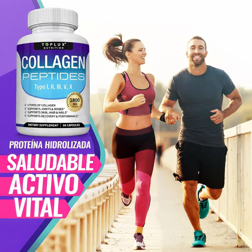 Colágeno Hidrolizado 1800 mg – Péptidos de Colágeno Tipo I, II, III, V y X para Articulaciones, Piel, Cabello y Uñas (90 Cápsulas)