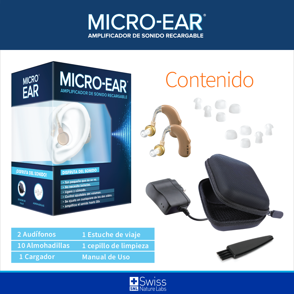 MicroEar Amplificador de Sonido Recargable x2 – Claridad Auditiva y Uso Diario