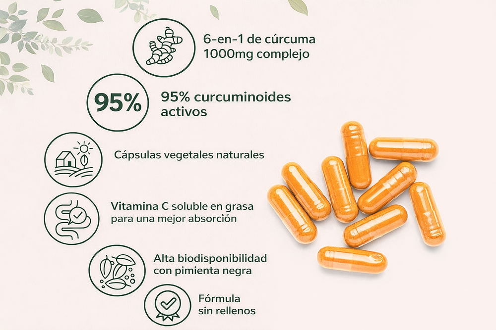 Cúrcuma 1000mg Complejo 6 en 1 con 95% Curcuminoides + Pimienta Negra y Vitamina C | Antiinflamatorio Natural para Articulaciones