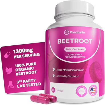 Rosabella Beetroot 1300mg – Remolacha Orgánica en Cápsulas para Circulación, Energía y Rendimiento Deportivo