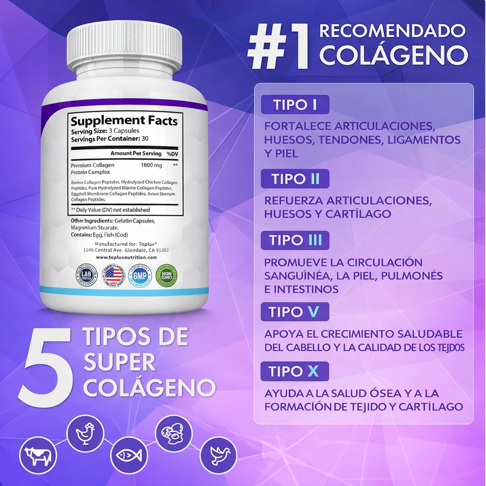 Colágeno Hidrolizado 1800 mg – Péptidos de Colágeno Tipo I, II, III, V y X para Articulaciones, Piel, Cabello y Uñas (90 Cápsulas)