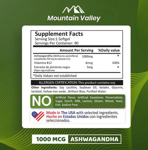 Ashwagandha 1000 mg Mountain Valley – Suplemento Natural para Estrés, Energía y Equilibrio Hormonal