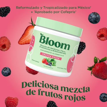 Bloom Jugo Verde en Polvo Frutos Rojos – Mezcla de Verduras, Fibra, Probióticos y Antioxidantes | 25 Porciones