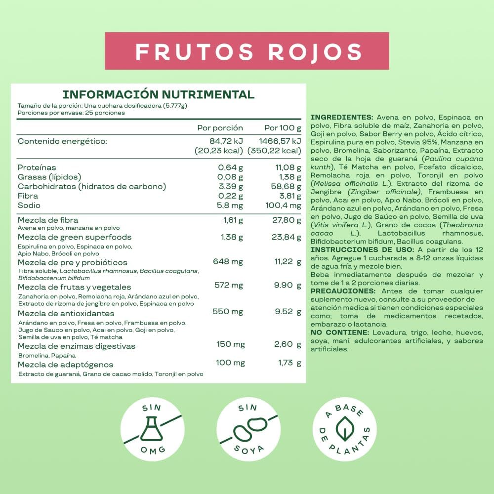 Bloom Jugo Verde en Polvo Frutos Rojos – Mezcla de Verduras, Fibra, Probióticos y Antioxidantes | 25 Porciones
