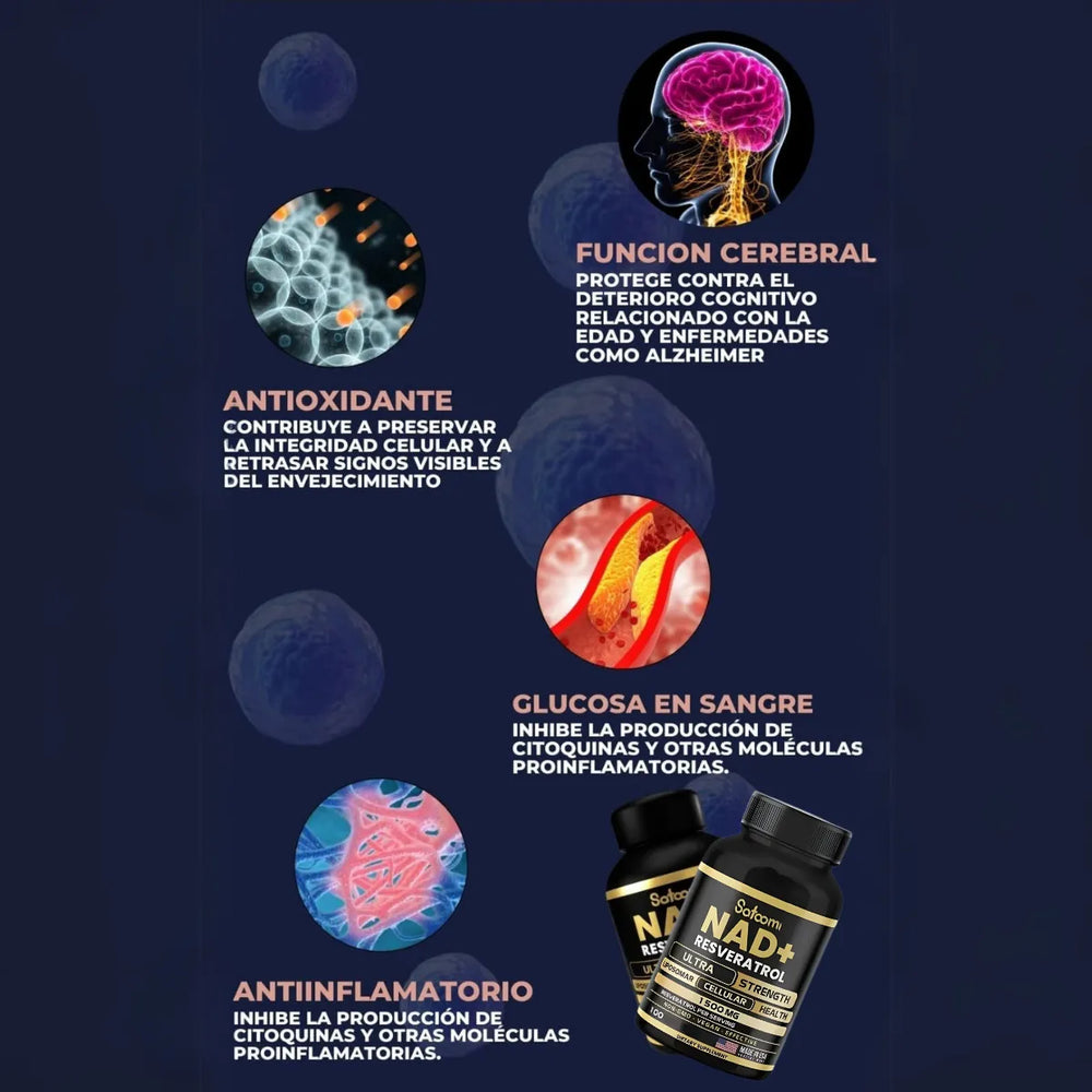 Resveratrol NAD+ Satoomi 1000mg – Antioxidante, Energía Celular y Antienvejecimiento – 60 Cápsulas